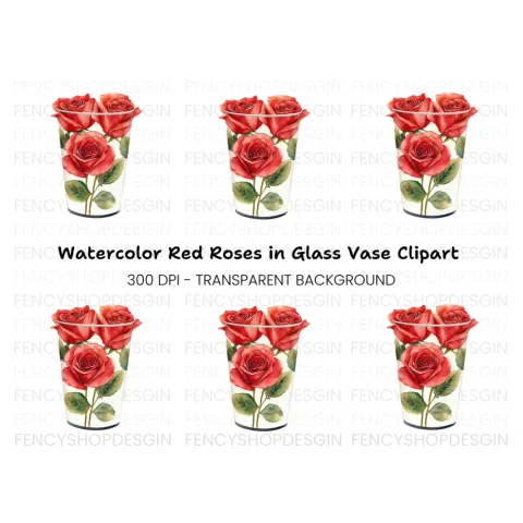 Red Roses in White Vase Clipart Bundle