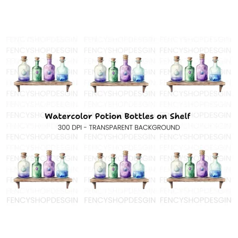 Potion Bottles on Wooden Shelf Clipart Bundle