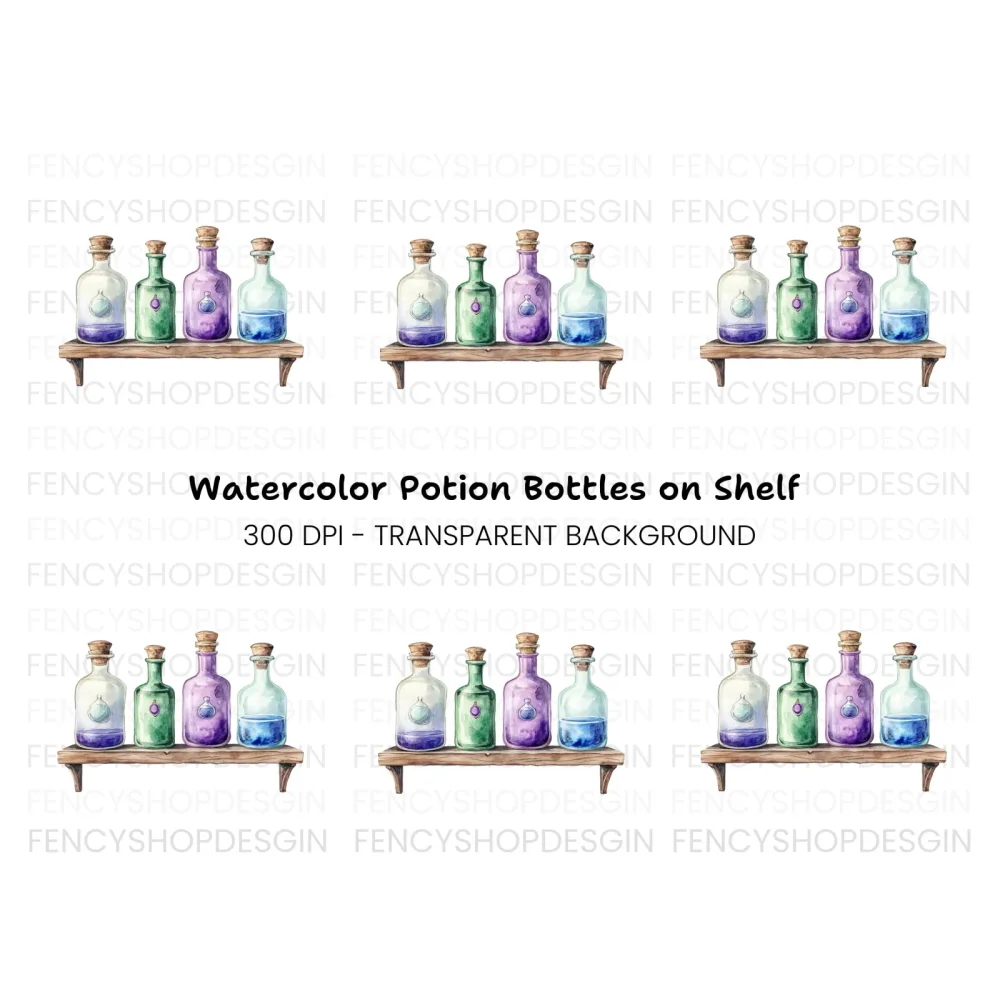 Potion Bottles on Wooden Shelf Clipart Bundle