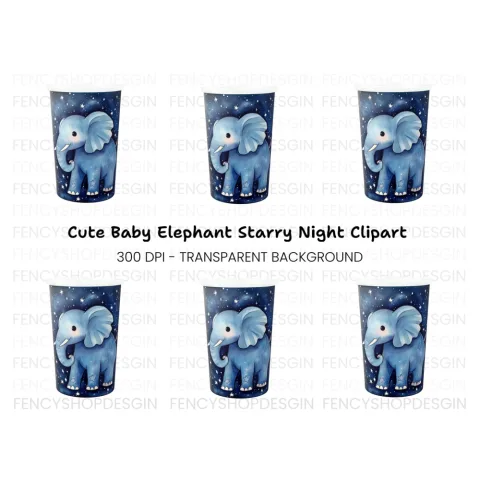 Cute Elephant in Starry Night Clipart Bundle