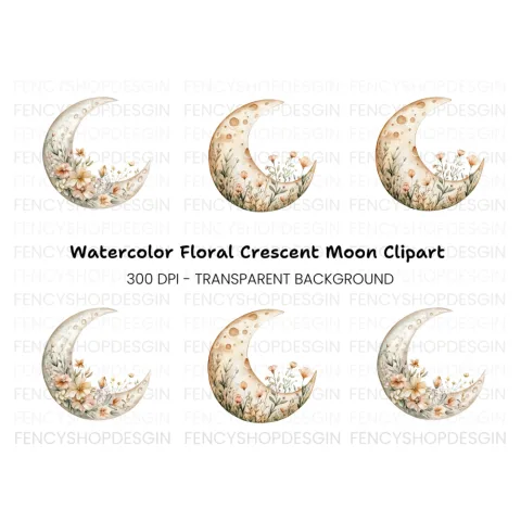 Floral Crescent Moon Clipart Bundle