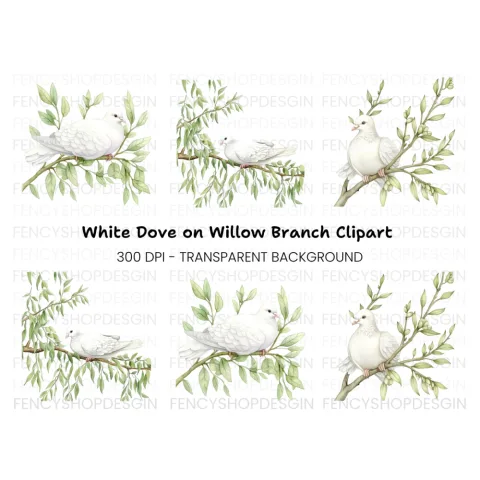 White Doves on Branches Clipart Bundle