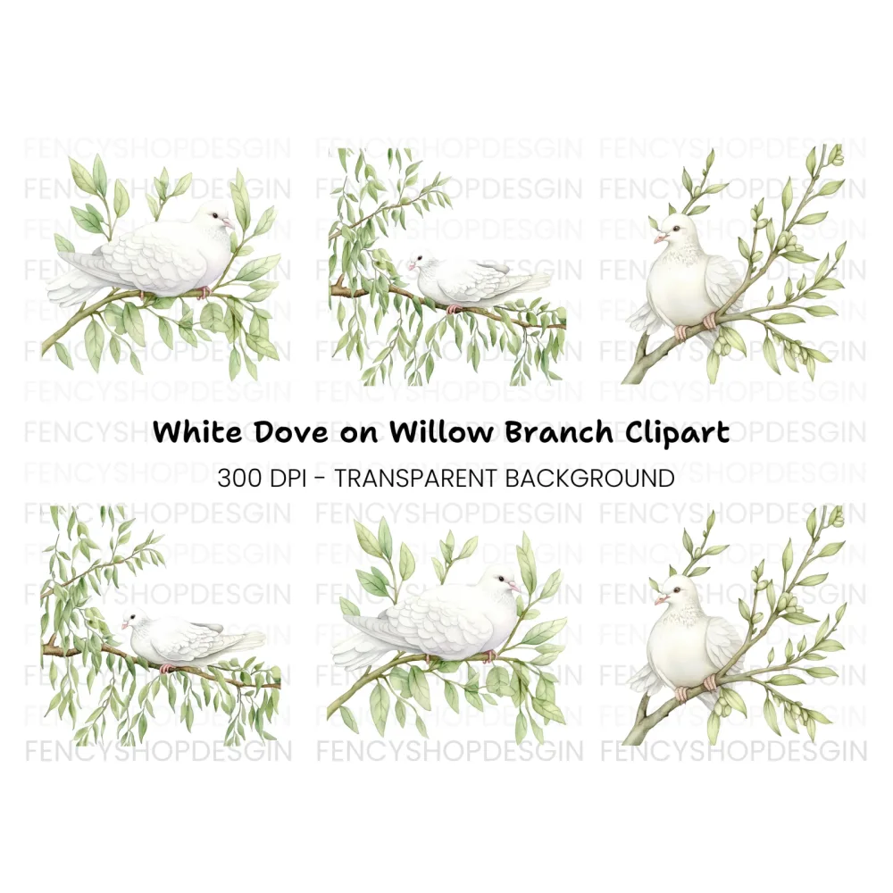 White Doves on Branches Clipart Bundle