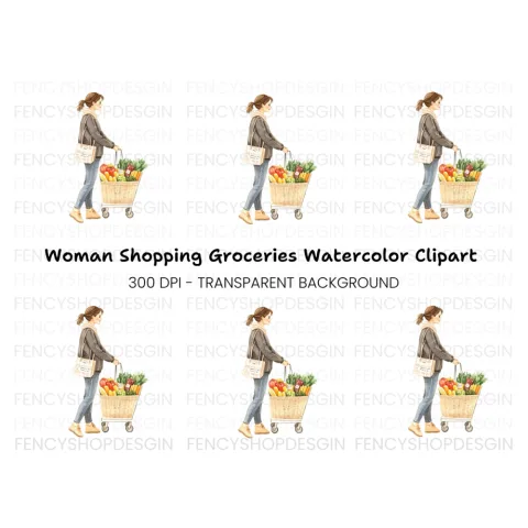 Woman Shopping with Grocery Cart Clipart Bundle