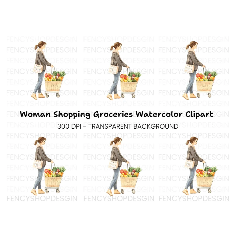 Woman Shopping with Grocery Cart Clipart Bundle