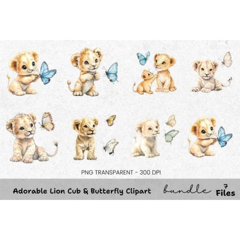 Adorable Lion Cub Butterfly Clipart Bundle