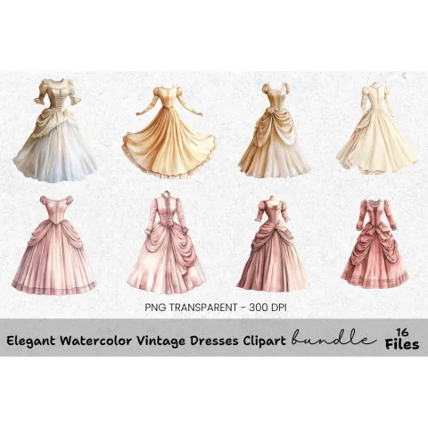 Elegant Vintage Dresses Clipart Bundle