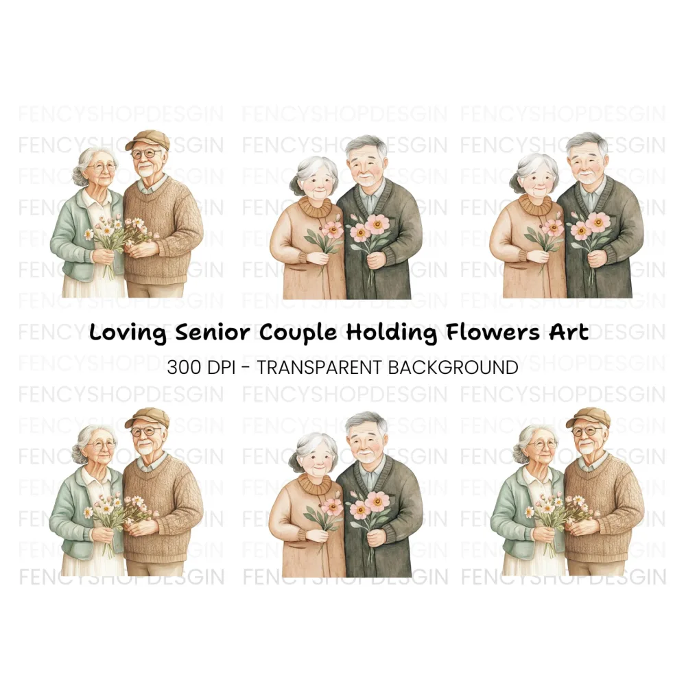 Senior Couples Holding Flowers Clipart Bundle