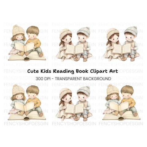 Cute Kids Reading Books Clipart Bundle