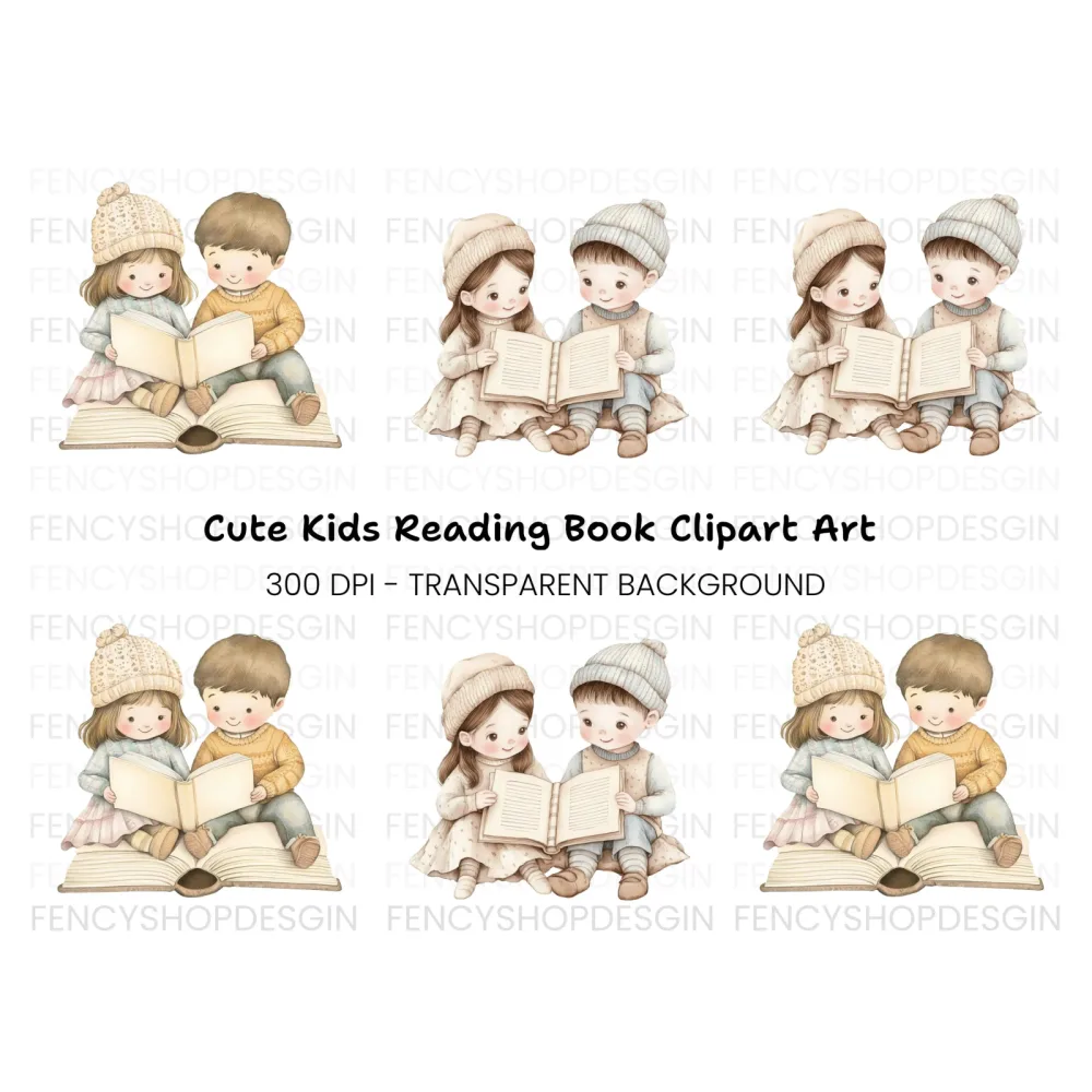 Cute Kids Reading Books Clipart Bundle