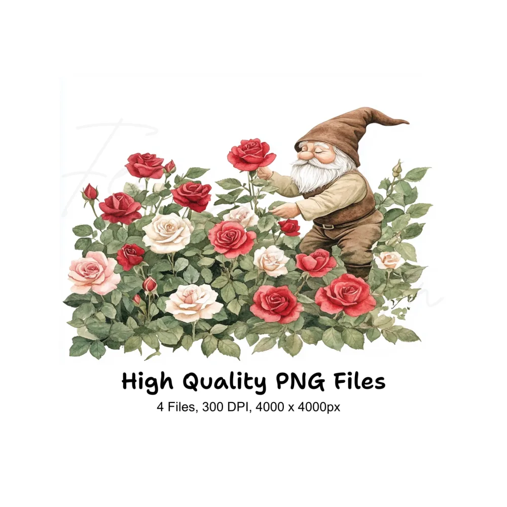 Garden Gnomes with Red and White Roses Clipart Bundle