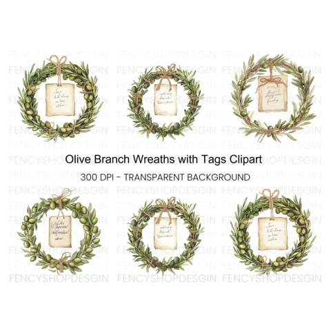 Olive Branch Wreath Clipart Bundle with Tag