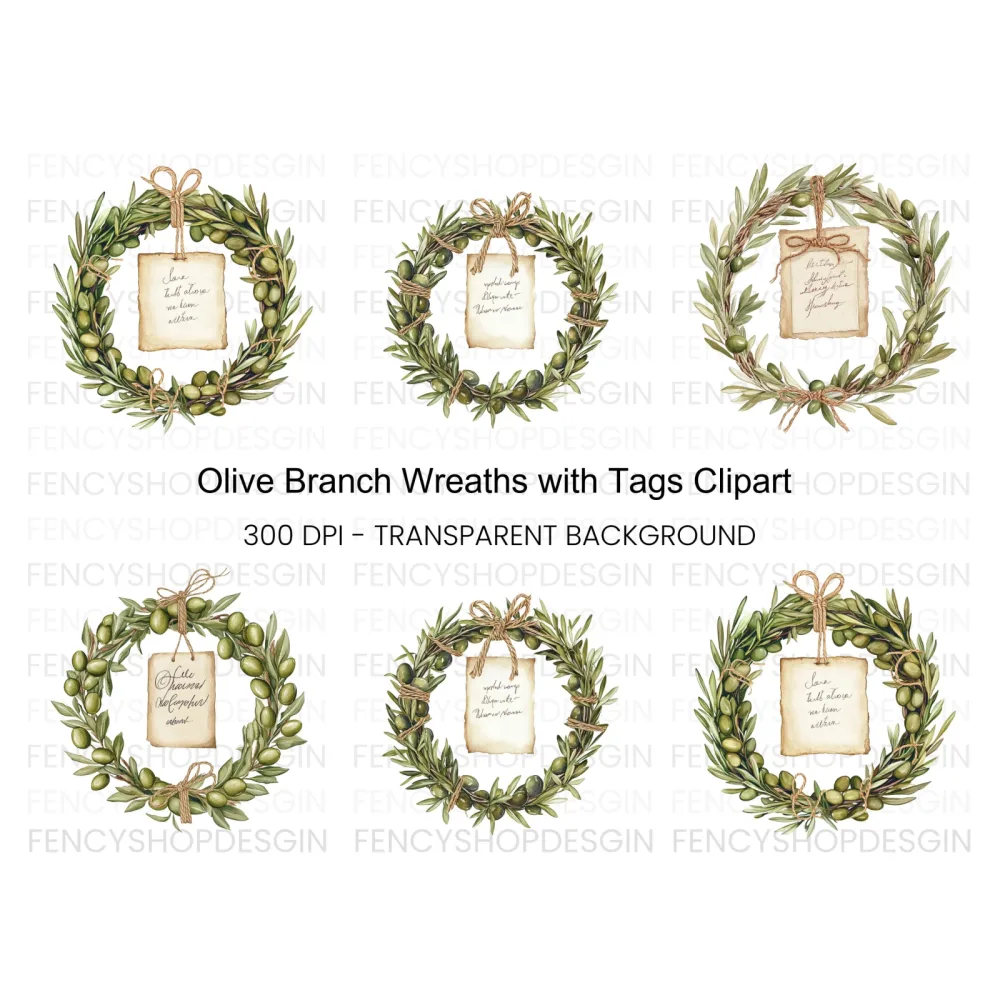 Olive Branch Wreath Clipart Bundle with Tag