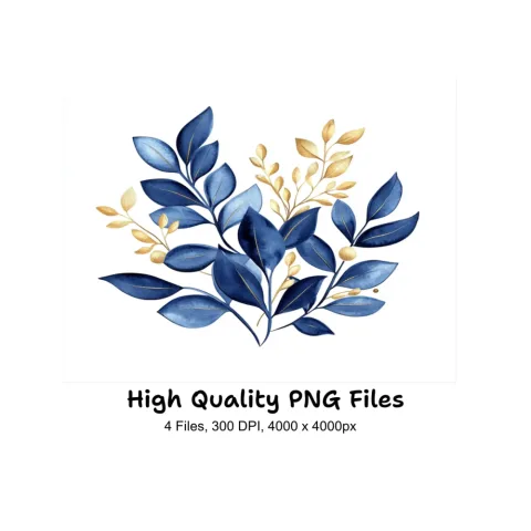 Elegant Blue Gold Leaf Clipart Bundle