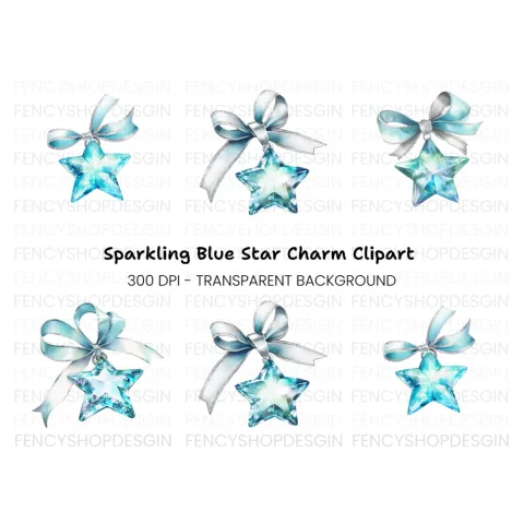 Blue Crystal Star Ribbons Clipart Bundle