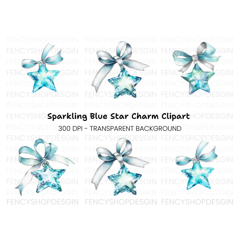 Blue Crystal Star Ribbons Clipart Bundle