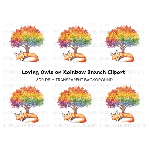 Sleeping Fox Under Rainbow Tree Clipart Bundle
