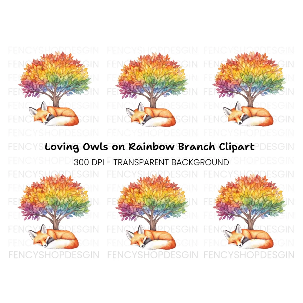 Sleeping Fox Under Rainbow Tree Clipart Bundle