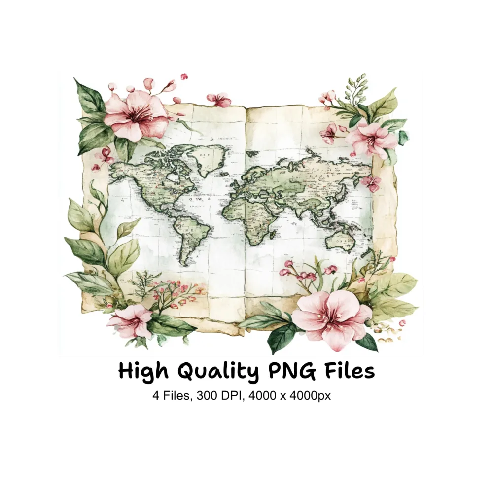 Vintage Floral World Map Clipart Bundle
