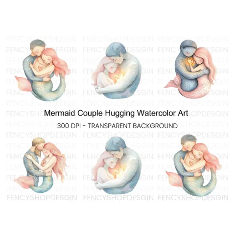 Mermaid Couple Love Hug Clipart Bundle
