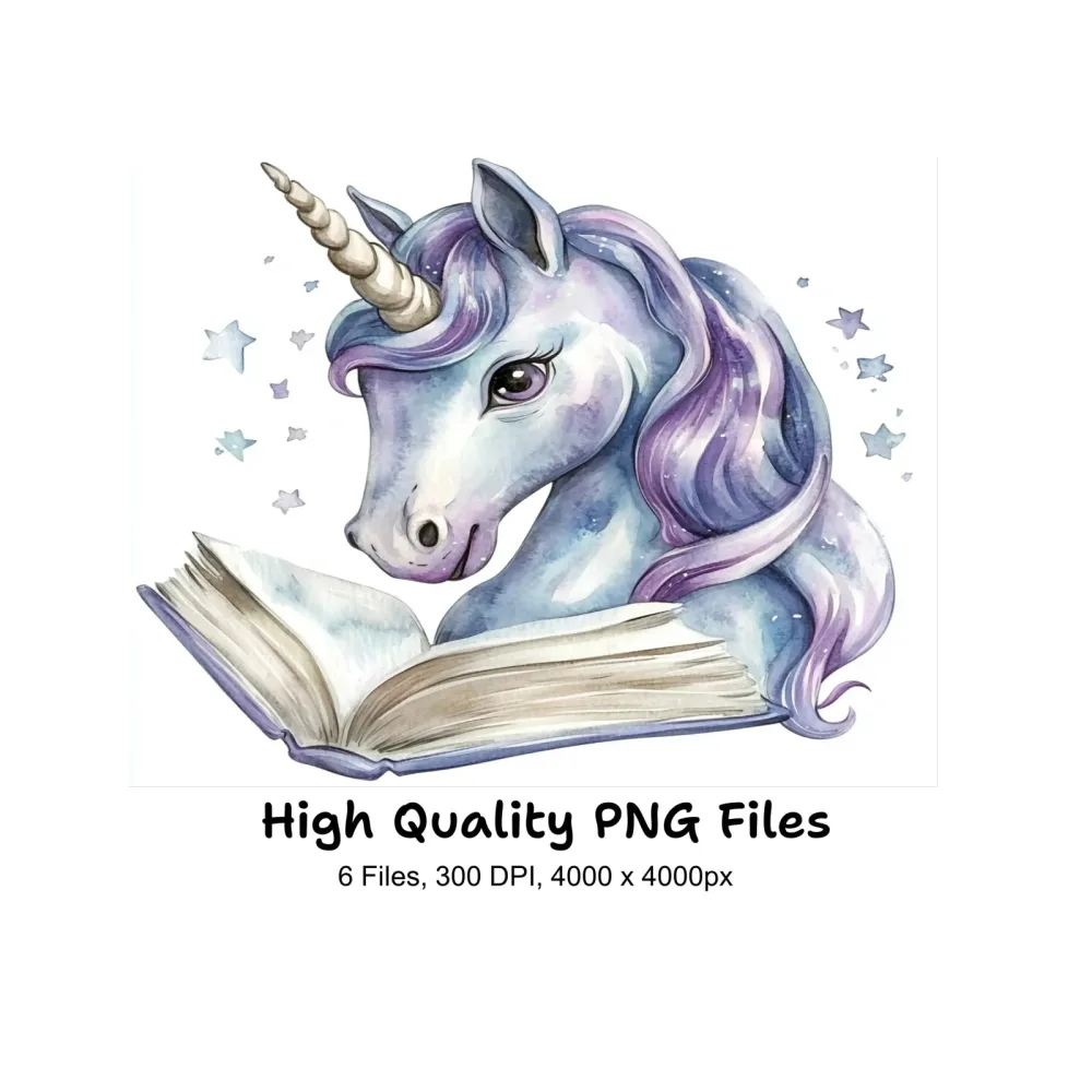 Cute Unicorns Reading Books Clipart Bundle