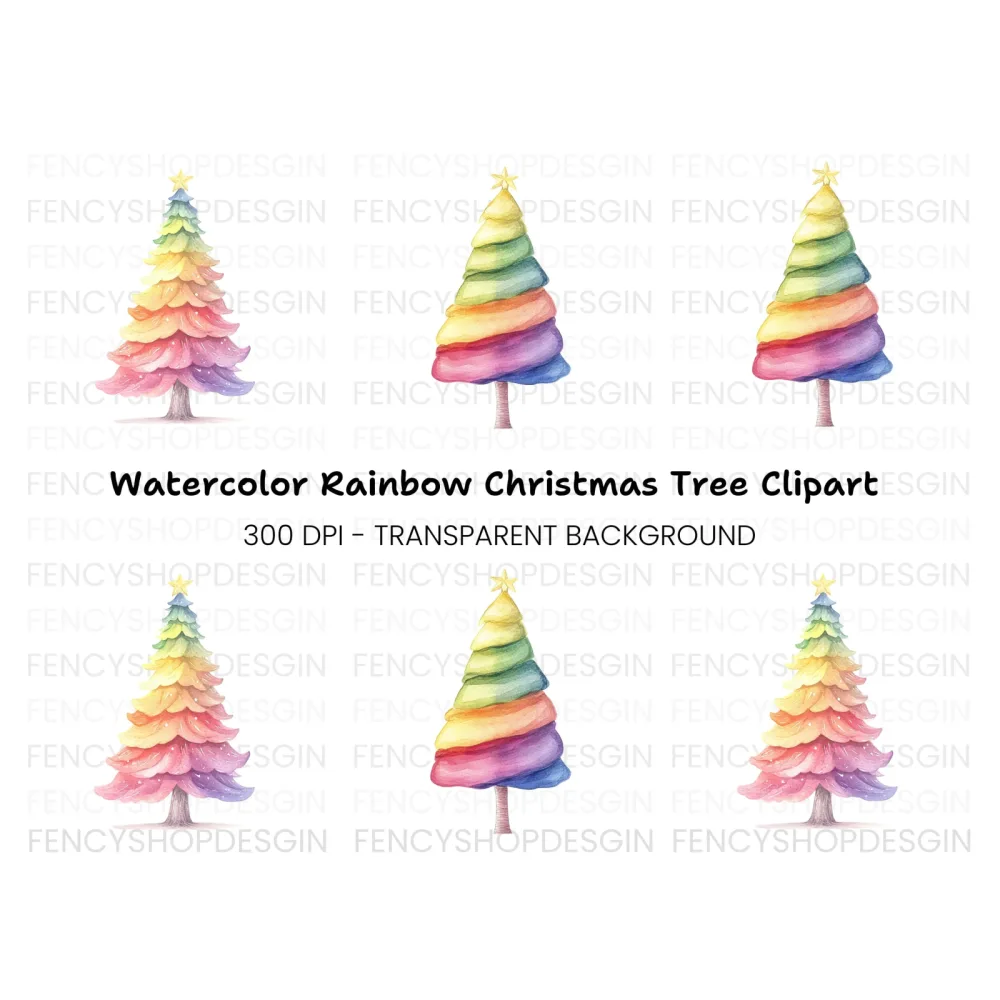Hand Painted Rainbow Christmas Tree Clipart Bundle