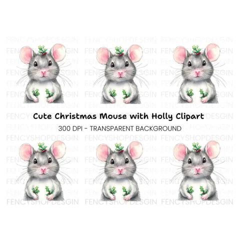 Festive Mouse with Holly Clipart Bundle