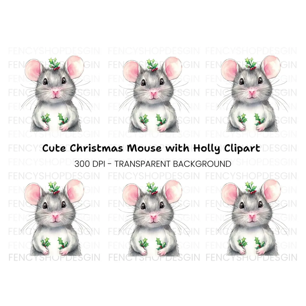Festive Mouse with Holly Clipart Bundle
