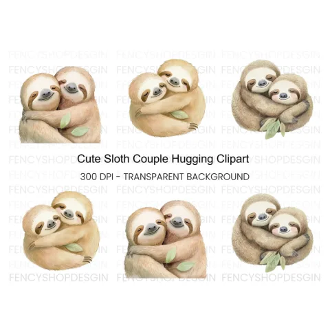 Cute Sloth Couple Hugging Clipart Bundle