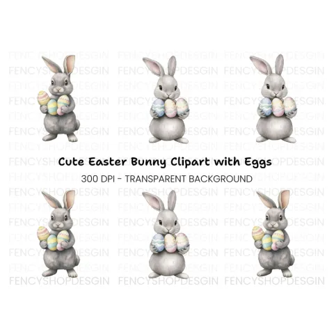 Charming Grey Easter Bunnies with Eggs Clipart Bundle