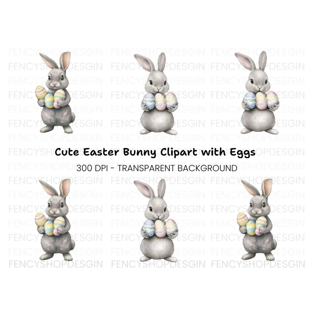 Charming Grey Easter Bunnies with Eggs Clipart Bundle