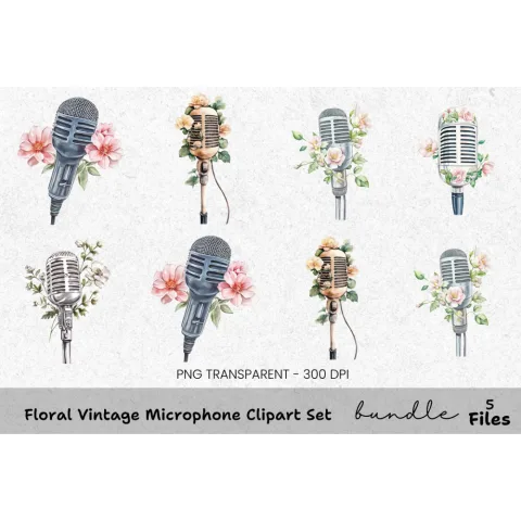 Floral Vintage Microphone Clipart Bundle