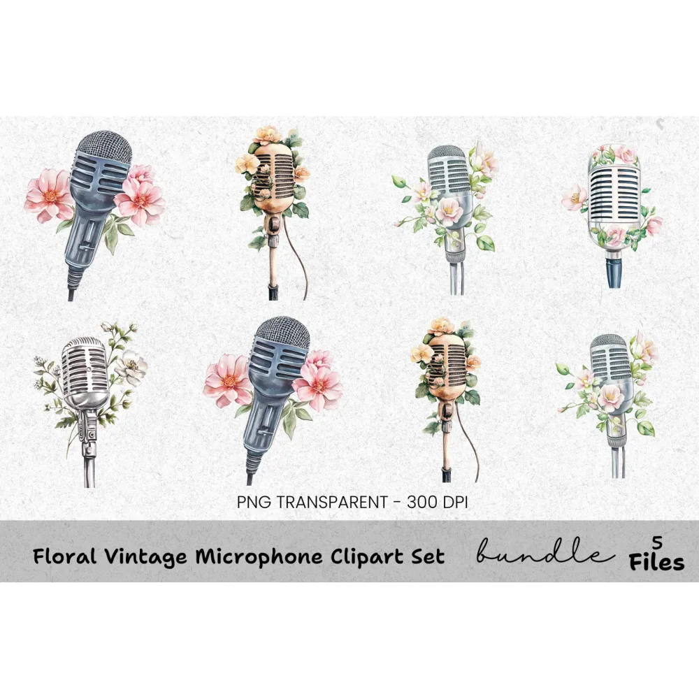 Floral Vintage Microphone Clipart Bundle