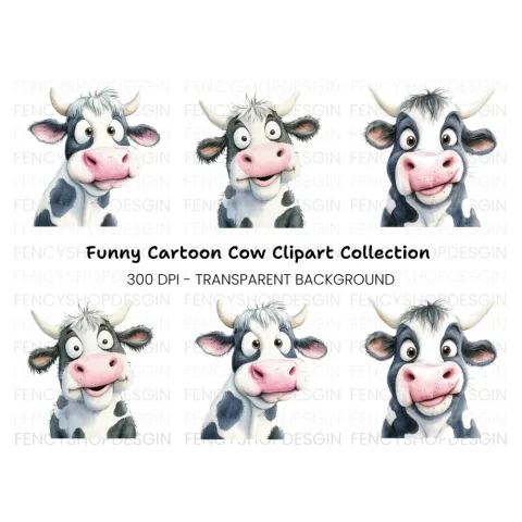 Funny Cartoon Cow Faces Clipart Bundle