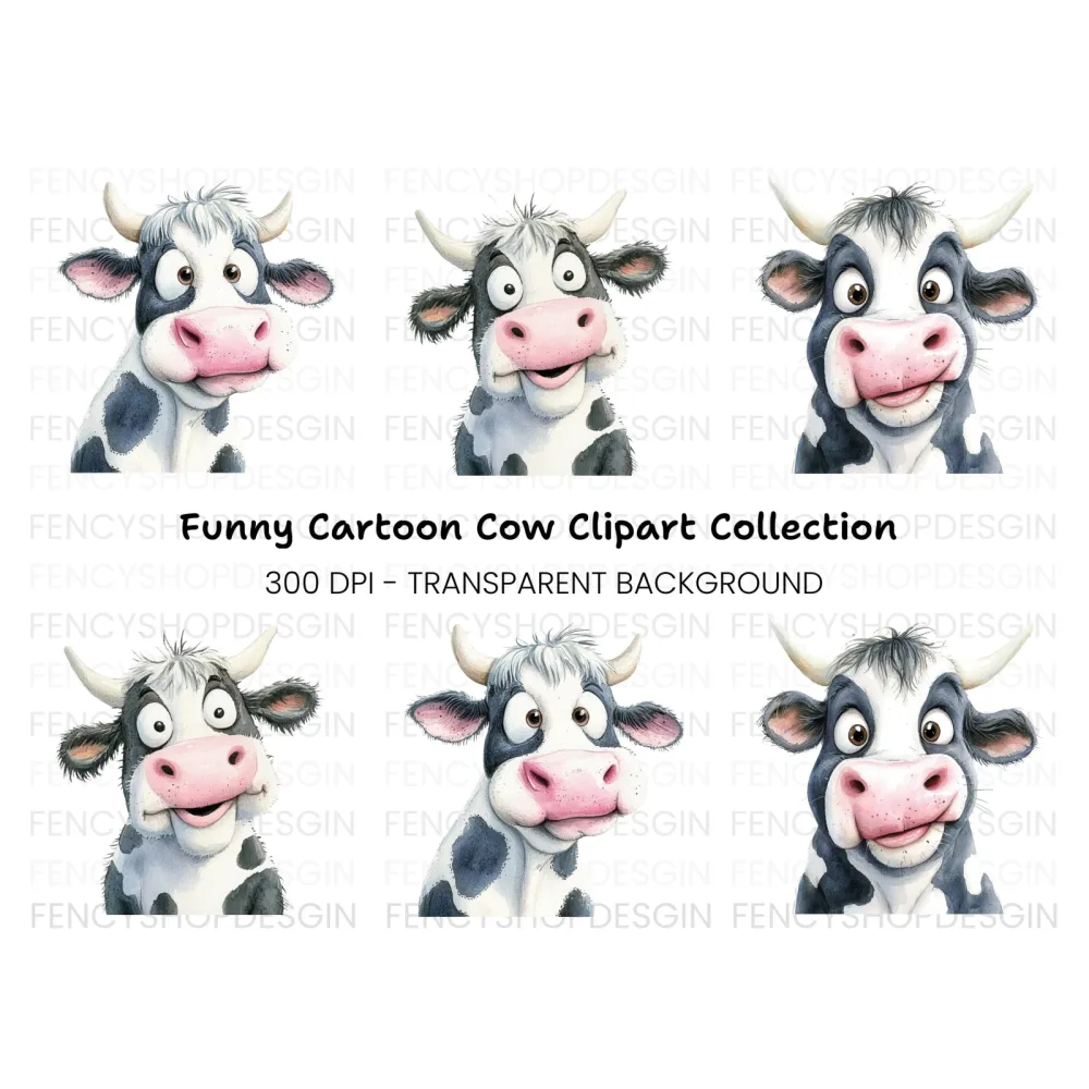 Funny Cartoon Cow Faces Clipart Bundle