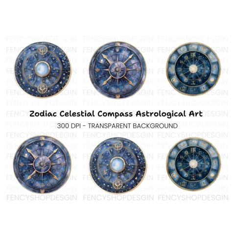 Celestial Zodiac Compass Clipart Bundle