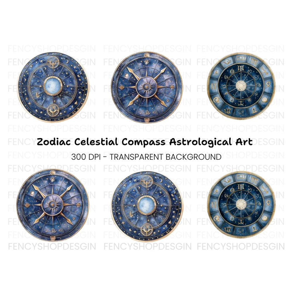 Celestial Zodiac Compass Clipart Bundle