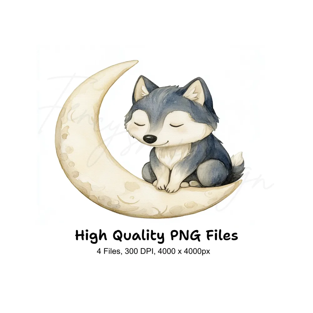 Cute Baby Wolf on Moon Clipart Bundle