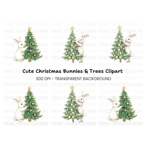 White Bunnies Decorating Christmas Tree Clipart Bundle
