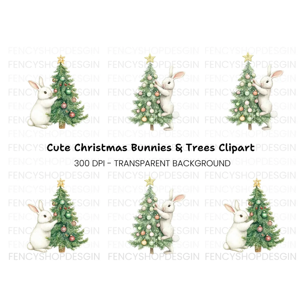 White Bunnies Decorating Christmas Tree Clipart Bundle