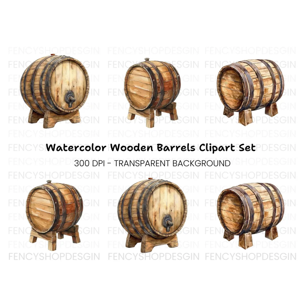 Rustic Wooden Barrels Clipart Bundle