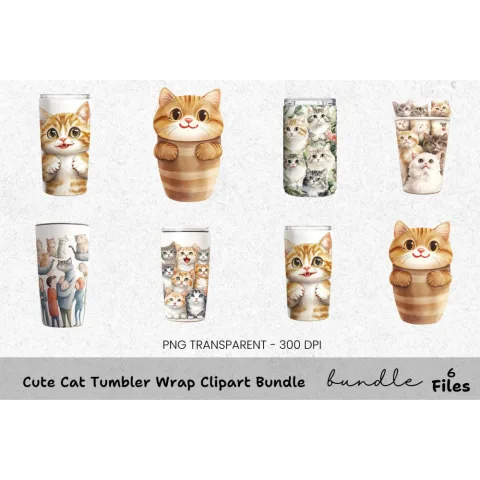 Cute Cat Tumbler Clipart Bundle