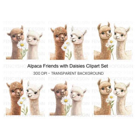 Alpaca Friends with Daisies Clipart Bundle