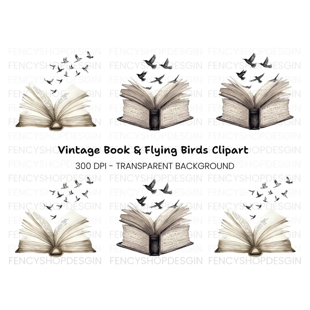 Open Books with Flying Birds Clipart Bundle