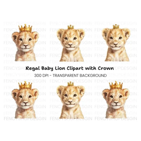 Adorable Lion Cub with Crown Clipart Bundle