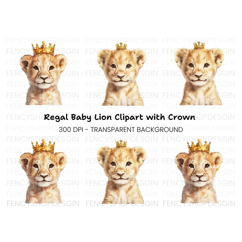 Adorable Lion Cub with Crown Clipart Bundle