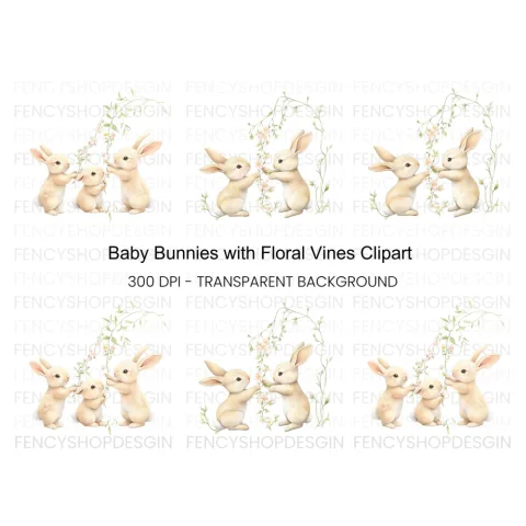 Baby Bunnies with Floral Vines Clipart Bundle
