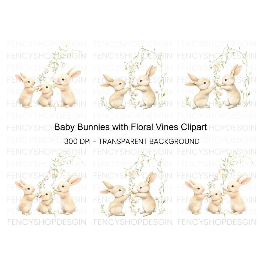 Baby Bunnies with Floral Vines Clipart Bundle