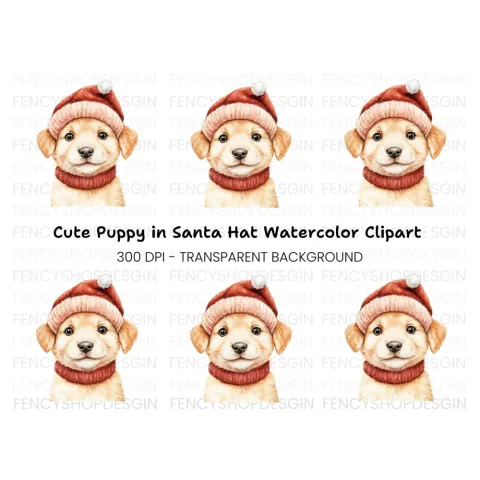 Cute Puppy in Santa Hat Clipart Bundle