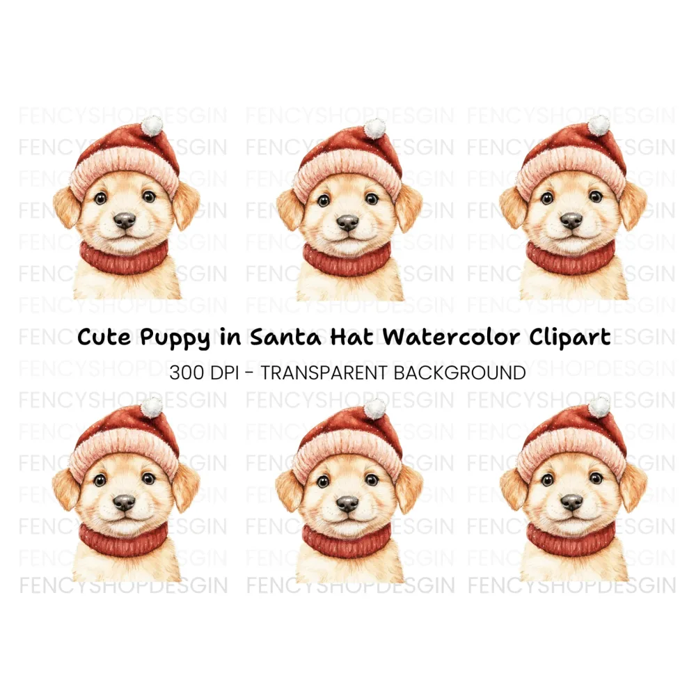 Cute Puppy in Santa Hat Clipart Bundle